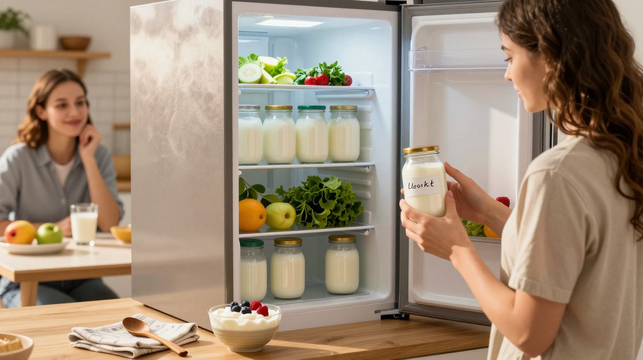 Mulher segurando pote de leite em geladeira aberta cheia de potes, com outra mulher ao fundo na cozinha.