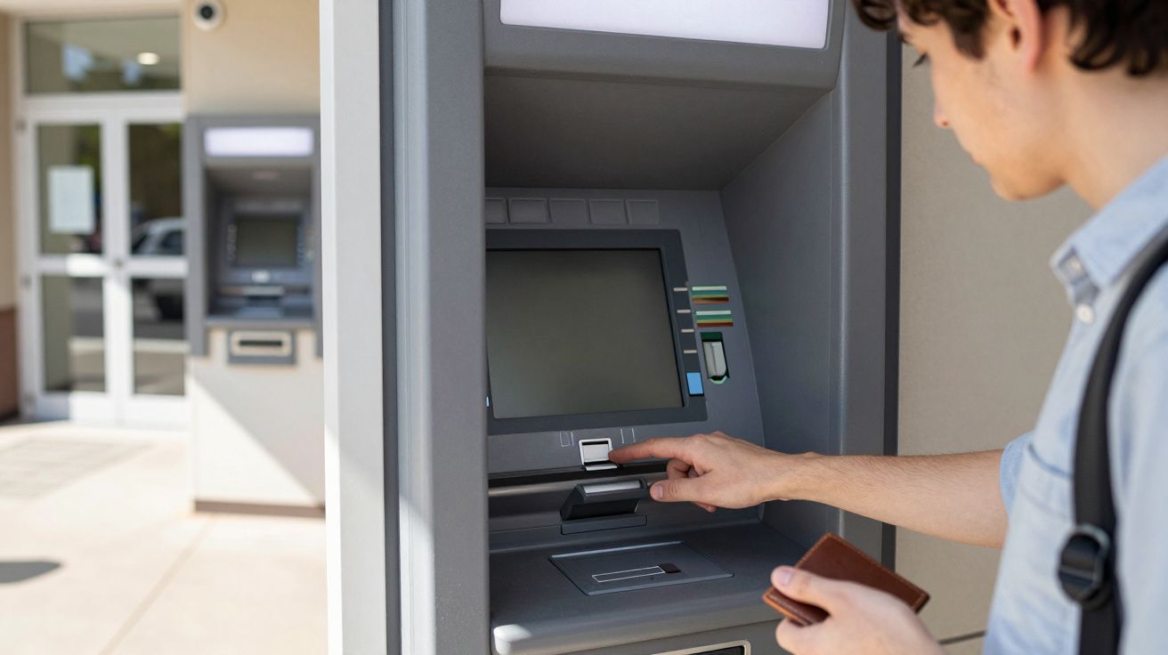 Pessoa usando caixa eletrônico ao ar livre com carteira na mão direita e digitando senha com a esquerda.