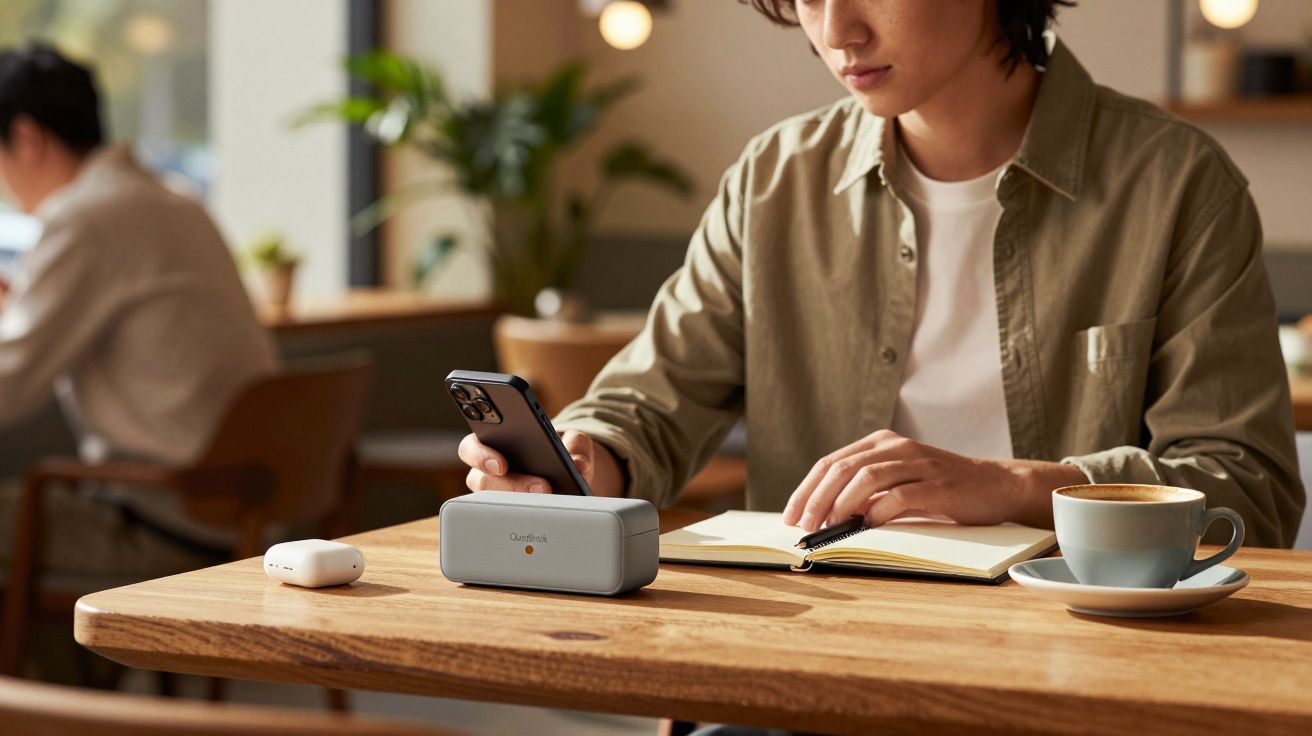 Pessoa usando celular e escrevendo em caderno em mesa com caixa de som, fones e xícara de café em cafeteria.