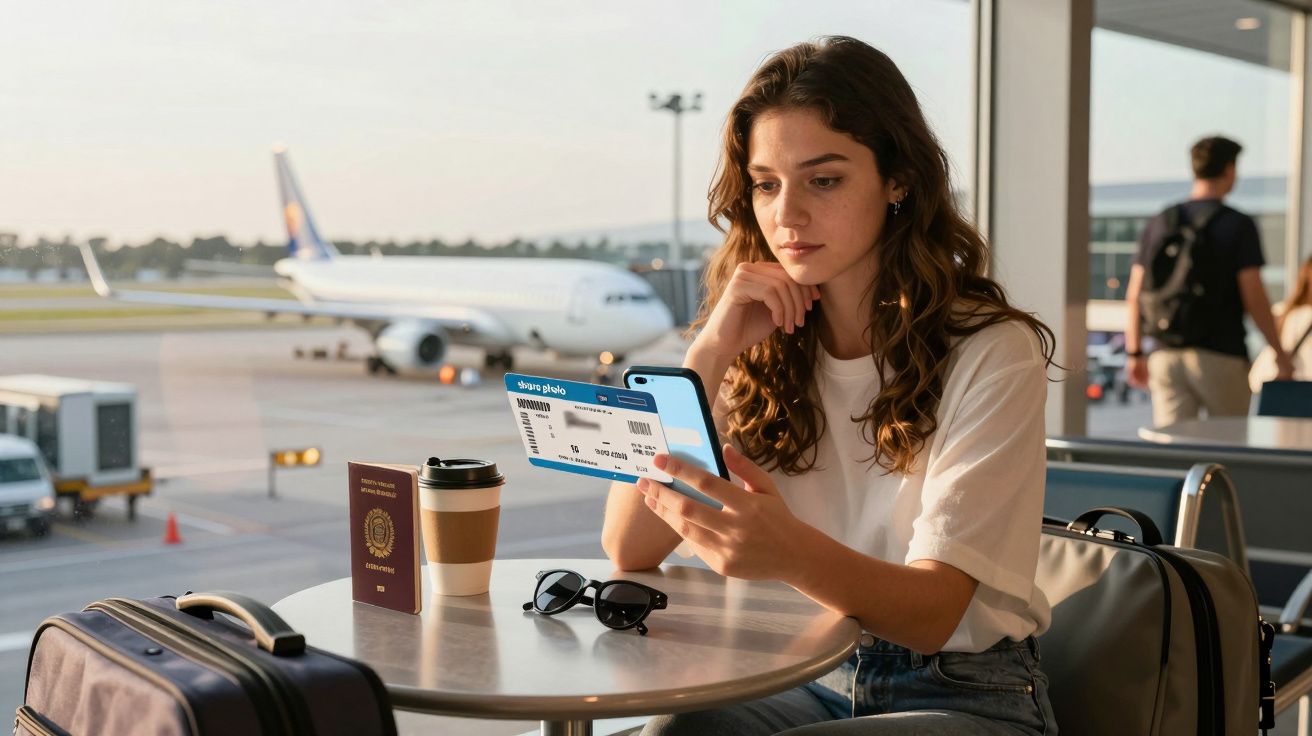 Mulher no aeroporto com passagem, celular, passaporte e malas, avião ao fundo.
