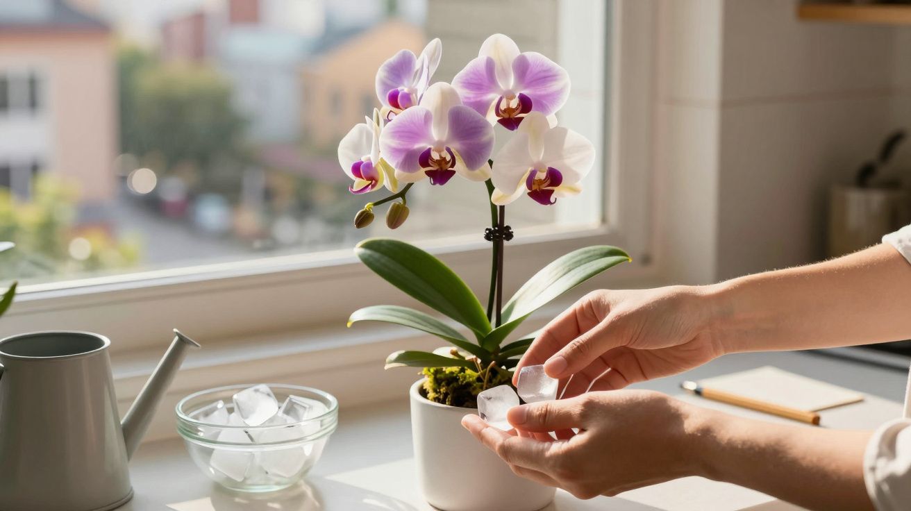 Mãos segurando cubos de gelo perto de orquídea branca e lilás em vaso sobre mesa iluminada por janela.