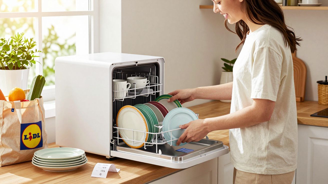 Mulher colocando pratos coloridos em máquina de lavar louça compacta em cozinha iluminada.