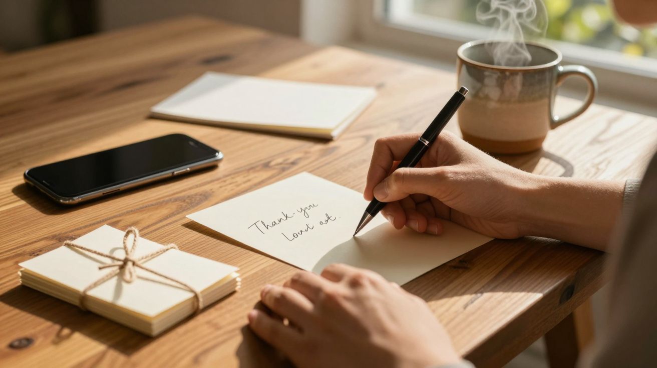 Pessoa escrevendo um cartão de agradecimento à mão na mesa com café quente, celular e cadernos.