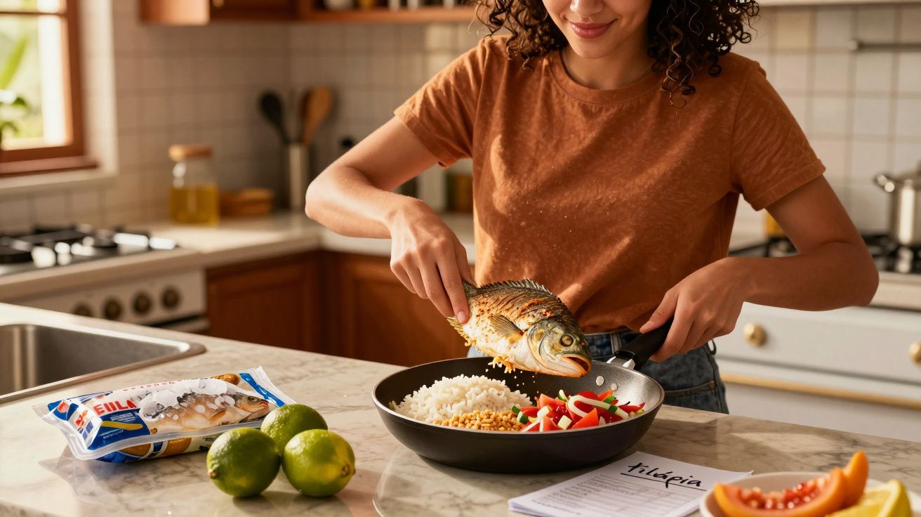 Mulher preparando peixe frito com arroz e legumes em cozinha moderna iluminada pela luz natural.