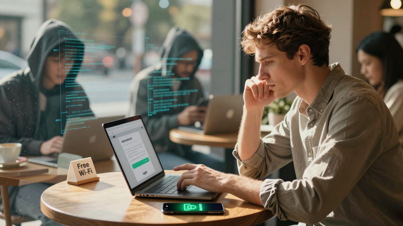 Jovem concentrado usando laptop em cafeteria com pessoas ao fundo e sinal de Wi-Fi grátis na mesa.