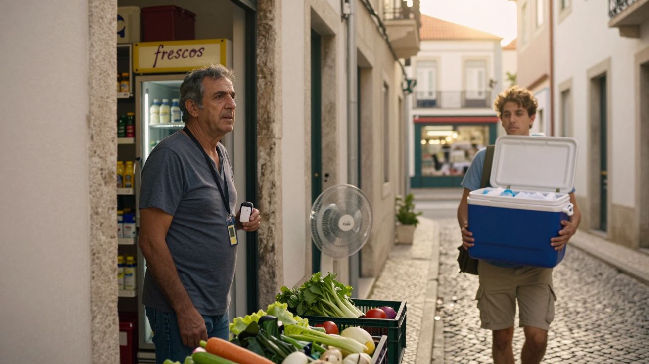 Homem observa vendedor ao lado de banca de legumes em rua com calçamento de pedra.