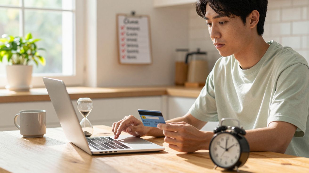 Jovem sentado à mesa usando laptop e cartão de crédito para compras online em ambiente iluminado.