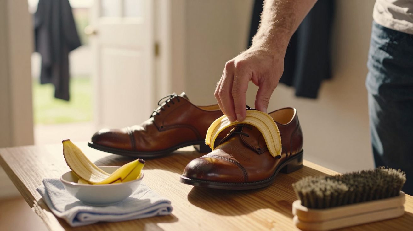 Mão colocando uma casca de banana dentro de um sapato social masculino marrom sobre uma mesa.