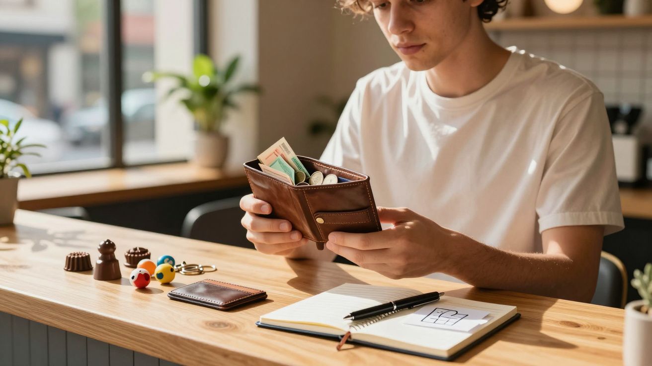 Jovem sentado analisando carteira com dinheiro em mesa de madeira, ao lado de chaveiro e caderno aberto.