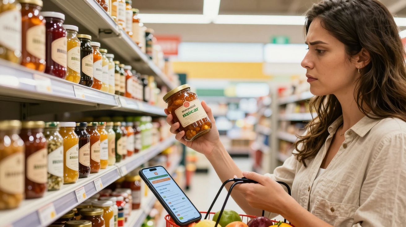 Mulher segurando vidro de conservas em supermercado, olhando rótulo, com cesta e celular na outra mão.