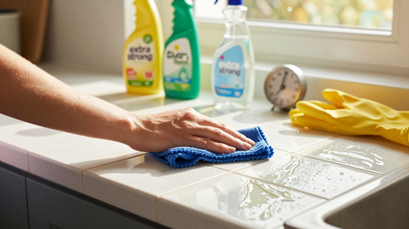 Mão limpando bancada de azulejos com pano azul, produtos de limpeza e luvas amarelas ao fundo.