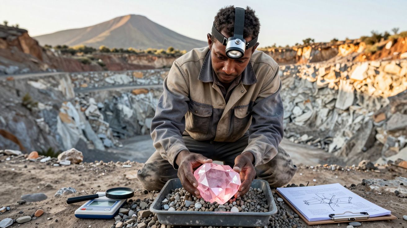 Homem com lampada na testa examina gema rosa grande em mineração a céu aberto, com montanha ao fundo.