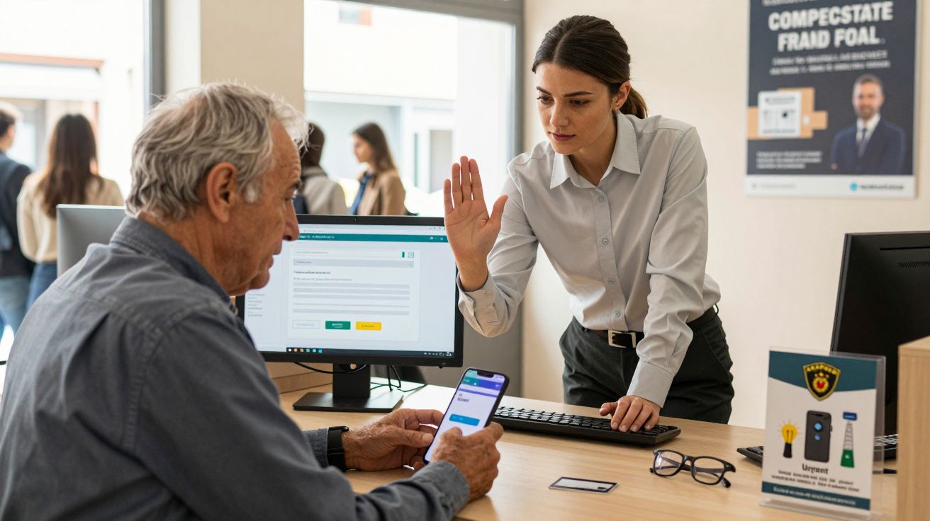 Funcionária repreendendo idoso que usa celular enquanto atende em agência bancária.