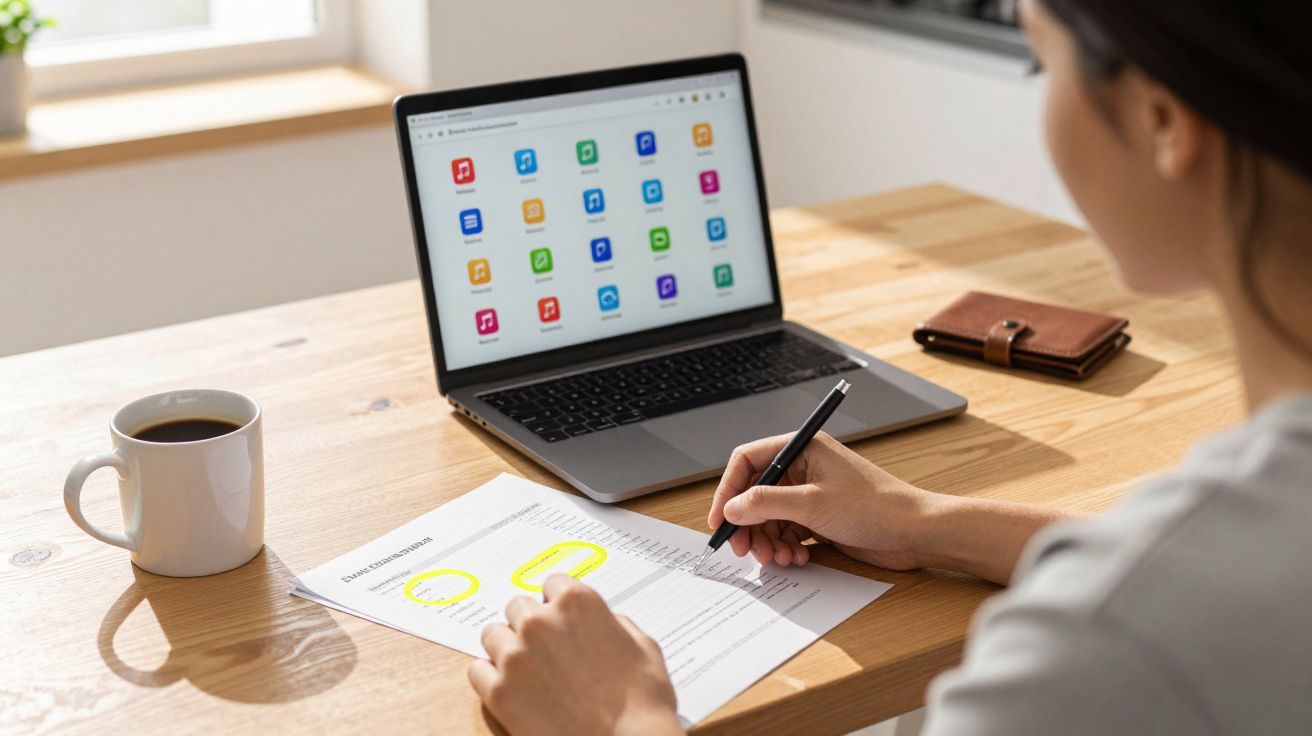 Pessoa destacando texto em papel com laptop e caneca de café em mesa iluminada pela luz natural.