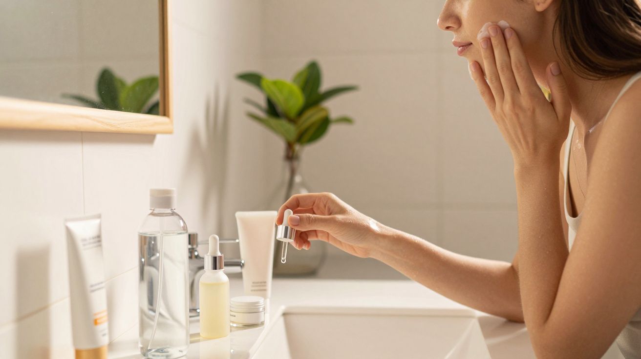 Mulher aplicando sérum facial no rosto em banheiro com produtos de cuidados na pia.