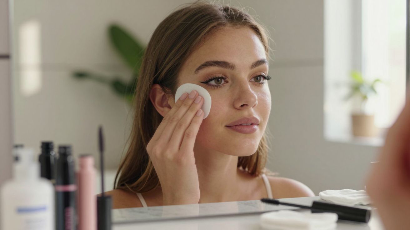 Mulher jovem aplicando produto de maquiagem no rosto em frente ao espelho no banheiro.