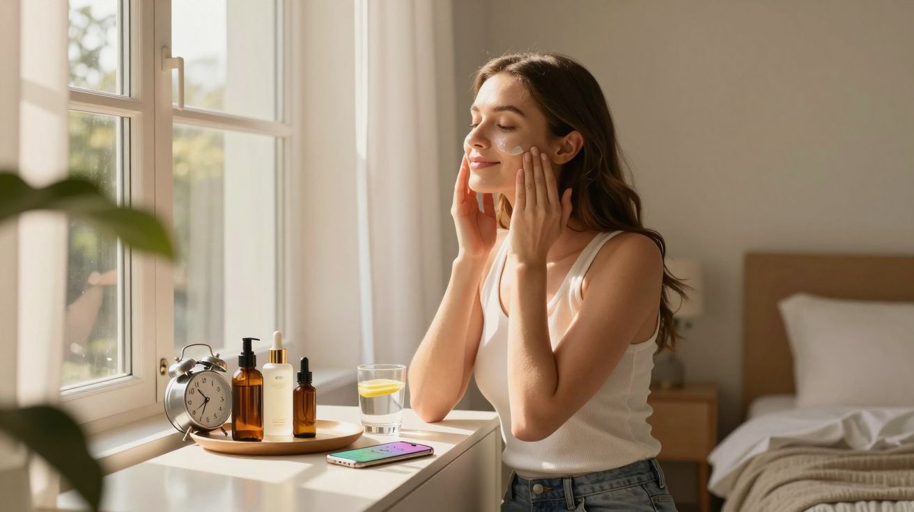 Mulher aplicando creme facial perto da janela em ambiente claro e aconchegante.