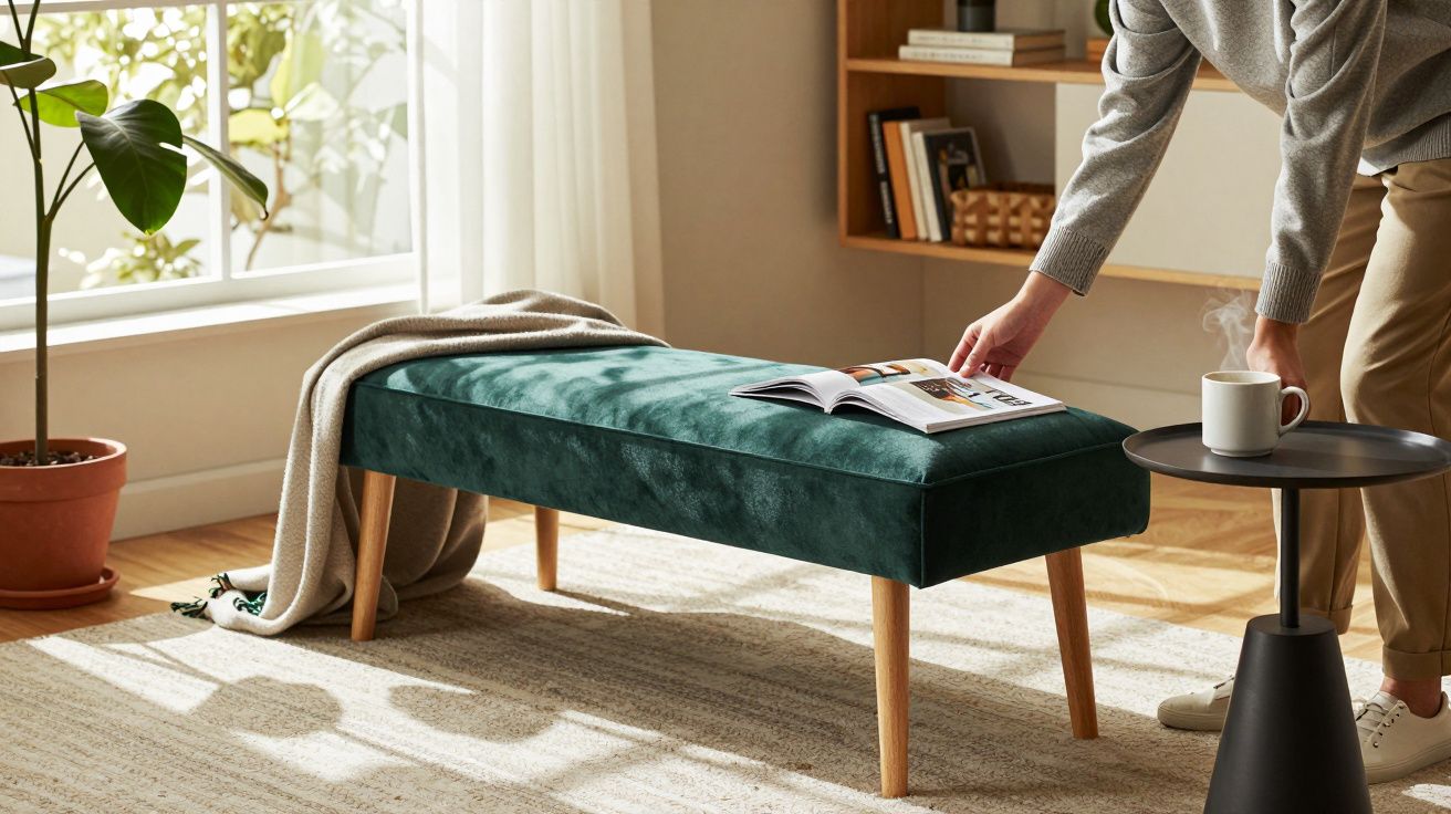 Pessoa colocando caneca em mesa lateral ao lado de banco verde em sala iluminada com plantas e livros.
