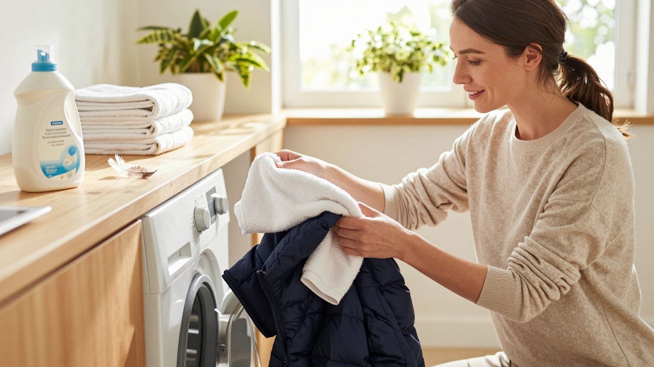 Mulher sorridente retirando roupas secas da máquina de lavar em lavanderia clara e organizada.