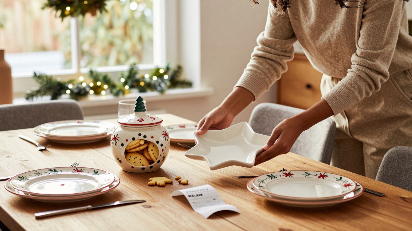 Pessoa arrumando mesa de madeira com pratos natalinos e pote de biscoitos decorado para Natal.
