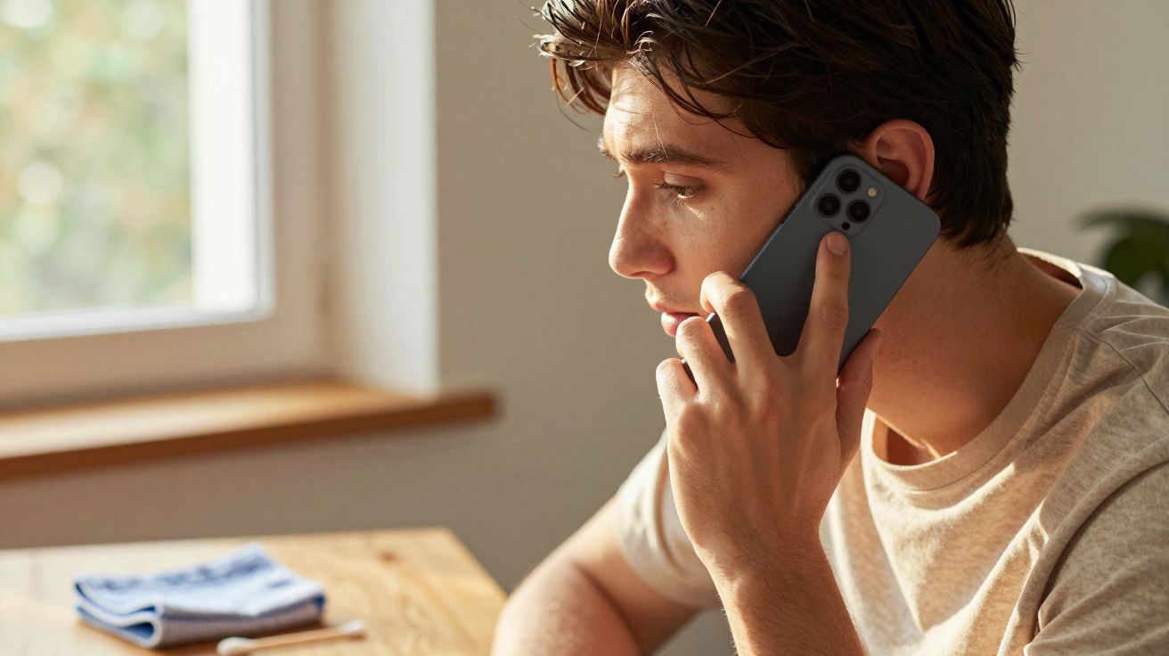 Jovem sentado em mesa de madeira falando ao telefone perto de janela iluminada.