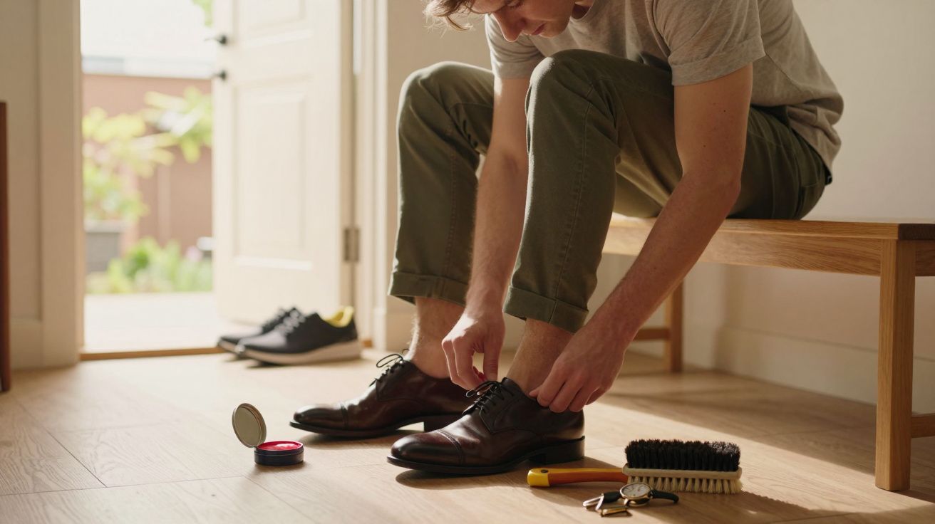 Homem sentado amarrando sapato social marrom com produto e acessórios para cuidado no chão.