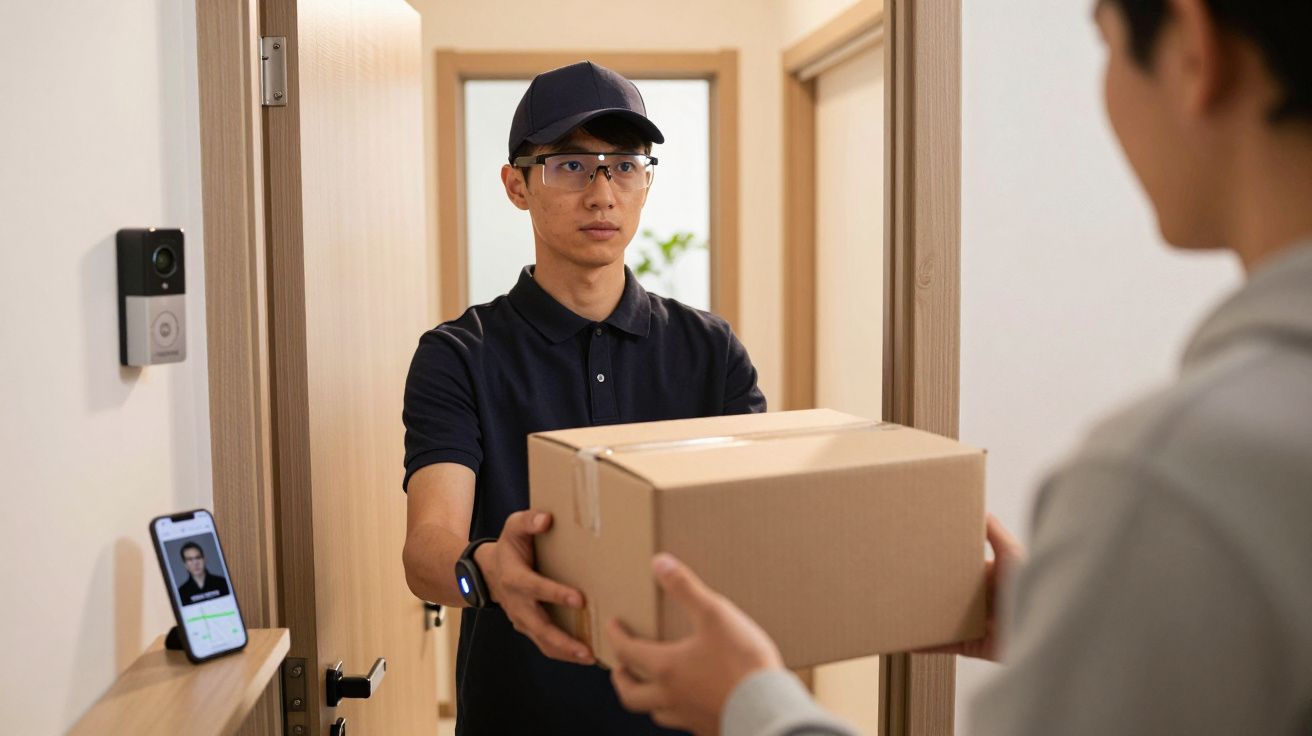 Entrega de pacote por entregador com uniforme e boné na porta de uma residência.
