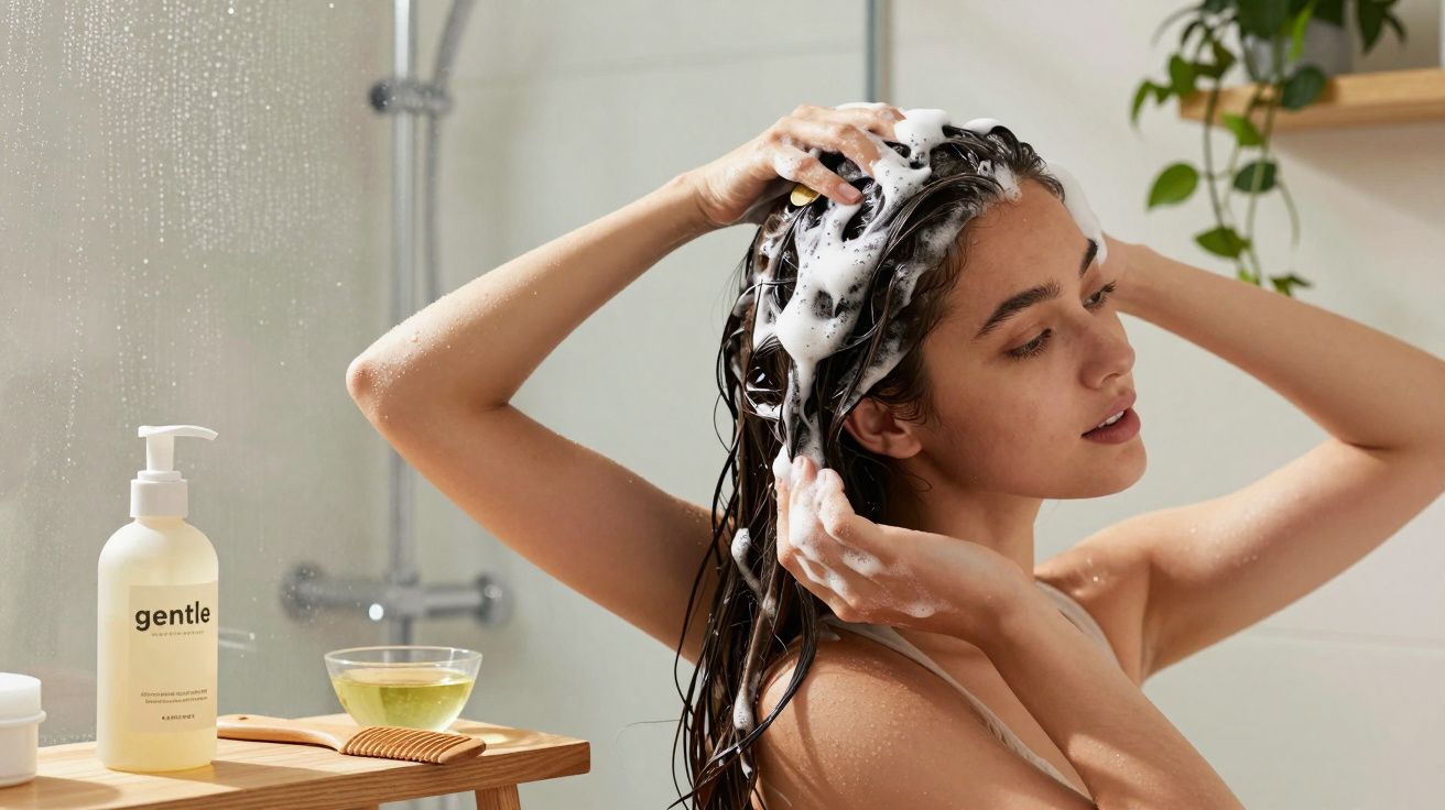 Mulher lavando o cabelo com shampoo espumoso no chuveiro, com plantas e produtos ao fundo.