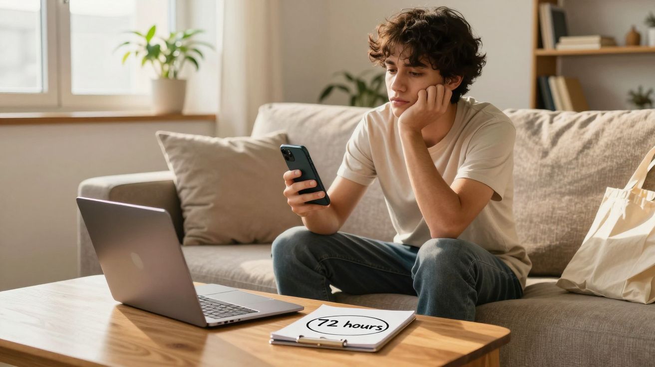 Jovem sentado no sofá olhando para celular com laptop aberto e folha com "72 horas" em mesa de centro.