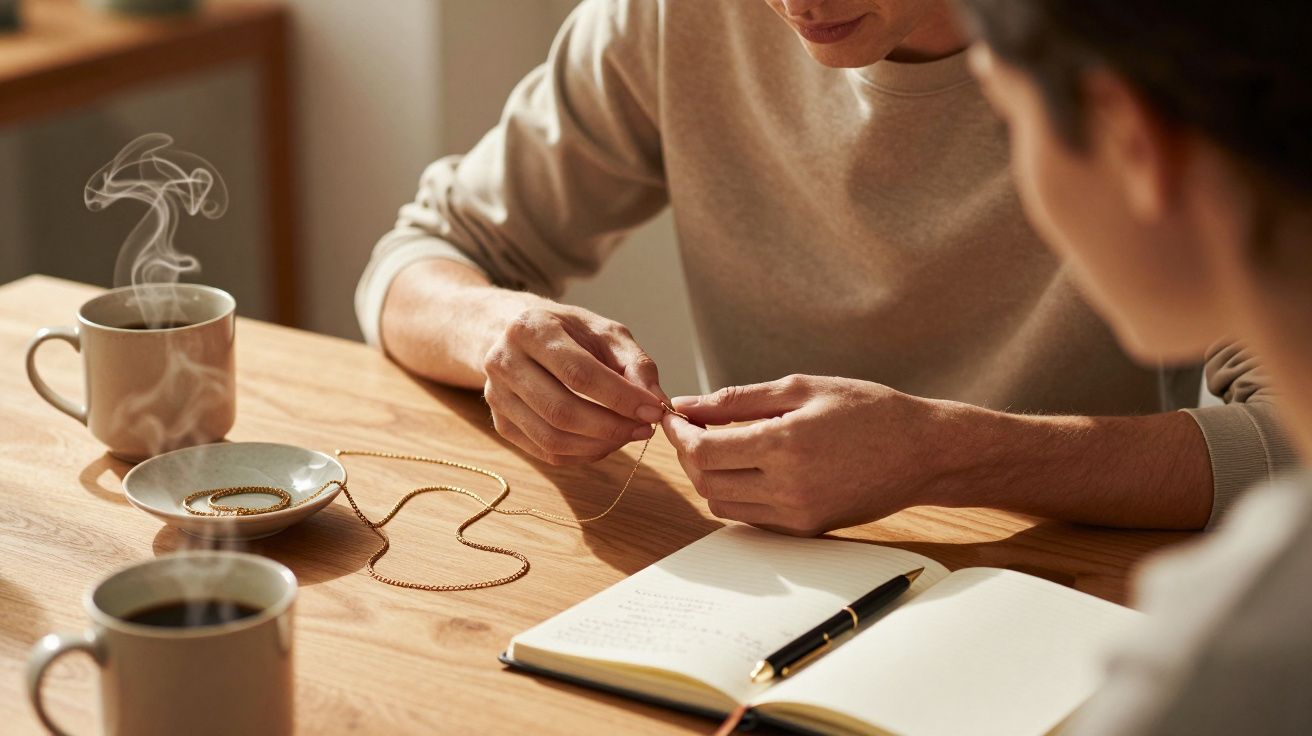 Duas pessoas em uma mesa de madeira, uma segurando um colar, com cadernos, caneta e duas xícaras de café.