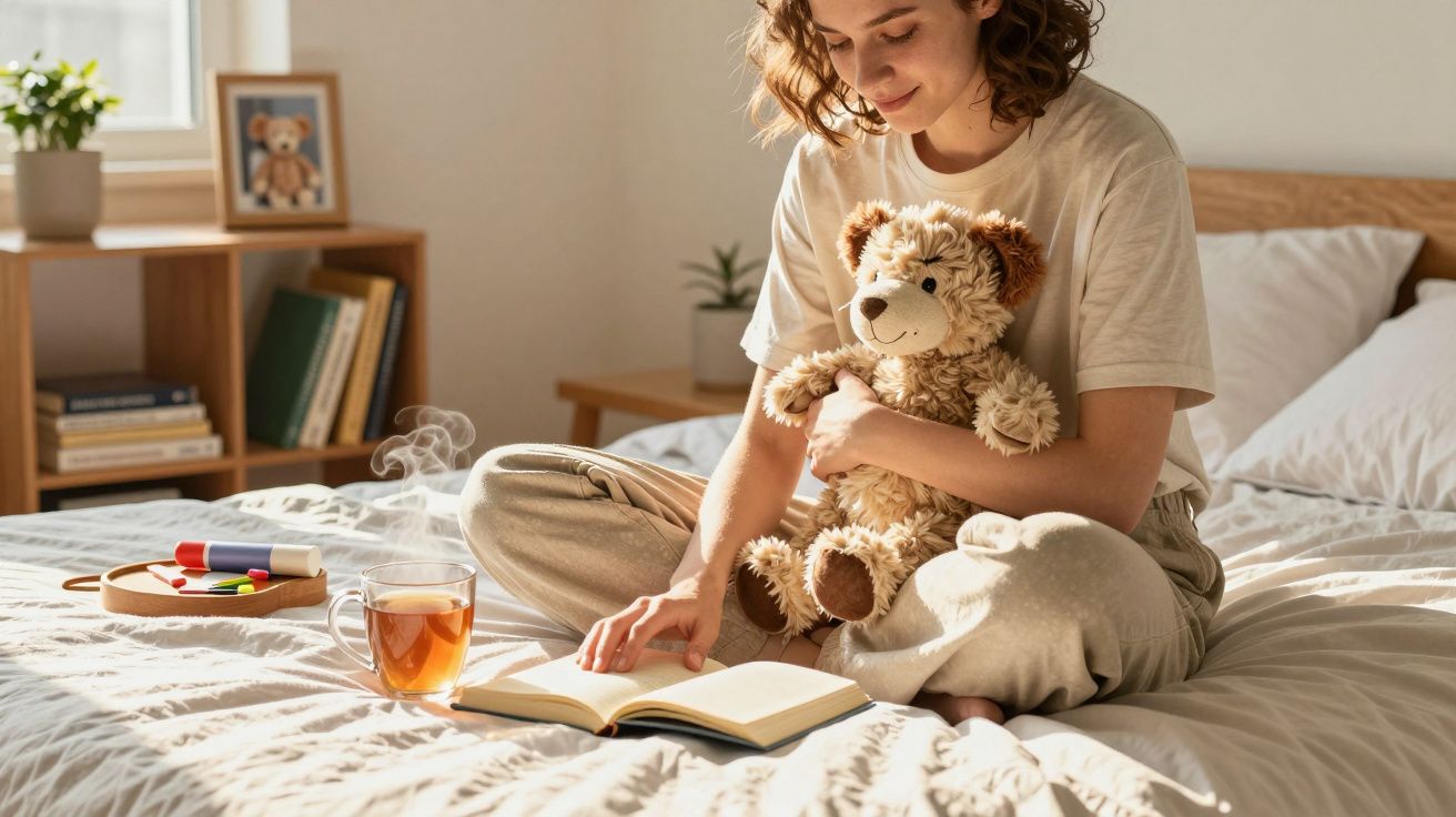 Mulher sentada na cama lendo livro, abraçada a ursinho de pelúcia, com chá e marcadores ao lado.