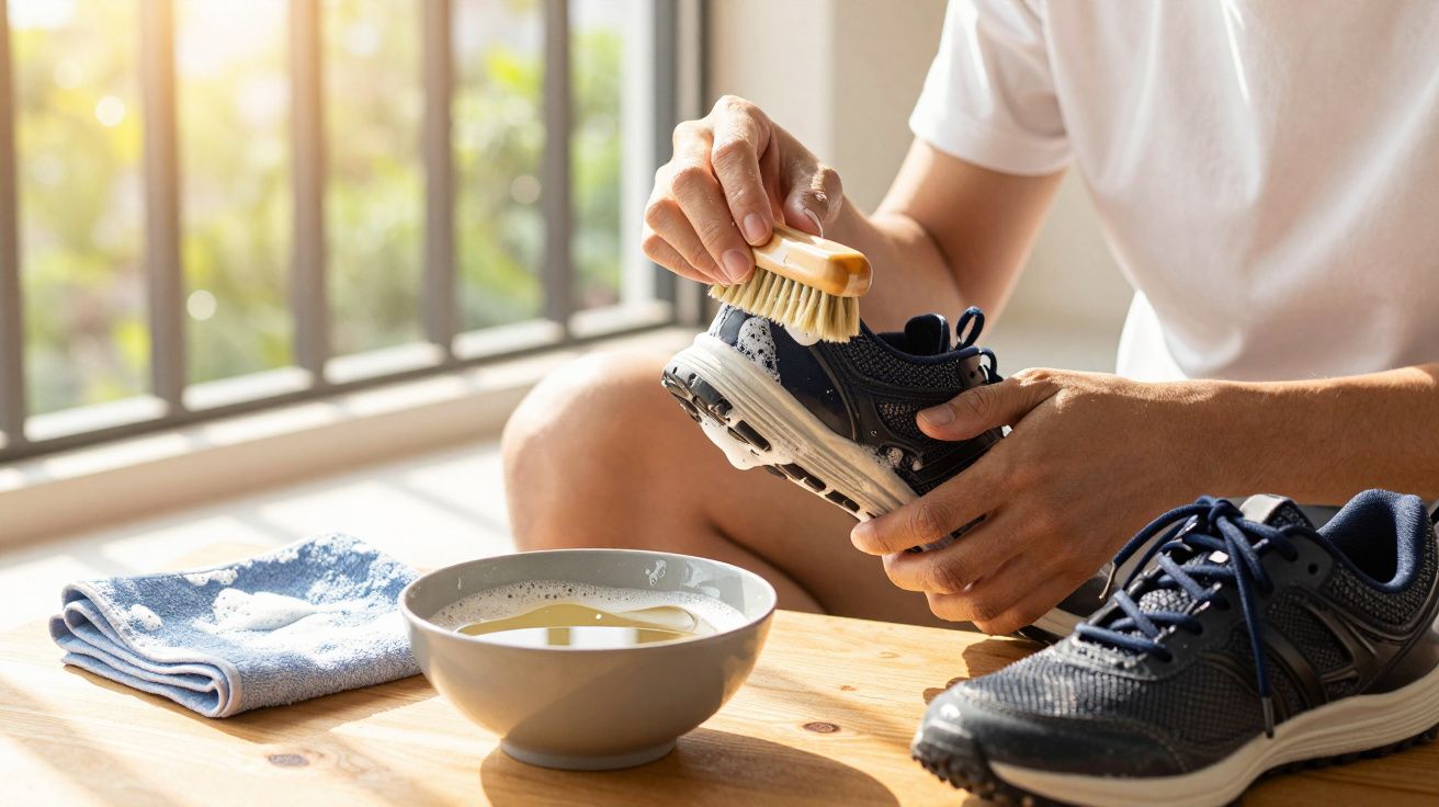 Pessoa limpando tênis esportivo preto com escova e água em ambiente iluminado.