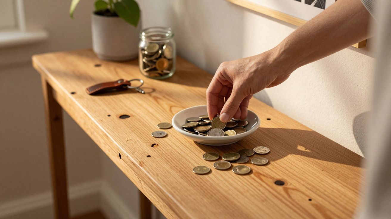Mão pegando moeda em tigela com moedas sobre mesa de madeira, ao lado pote com moedas e chaveiro.