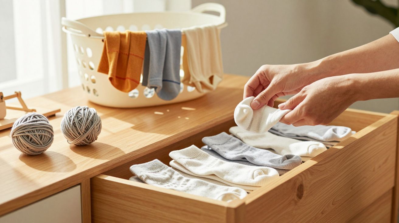 Mãos organizando meias em uma gaveta de madeira, com cesto de roupas e novelos de lã ao fundo.