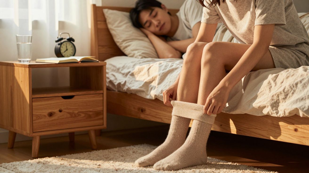Mulher sentada na cama vestindo meias, homem dormindo ao fundo, quarto com mesa de madeira e relógio.