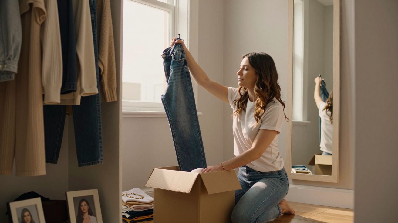 Mulher organizando roupas em uma caixa de papelão em quarto com espelho e armário aberto.