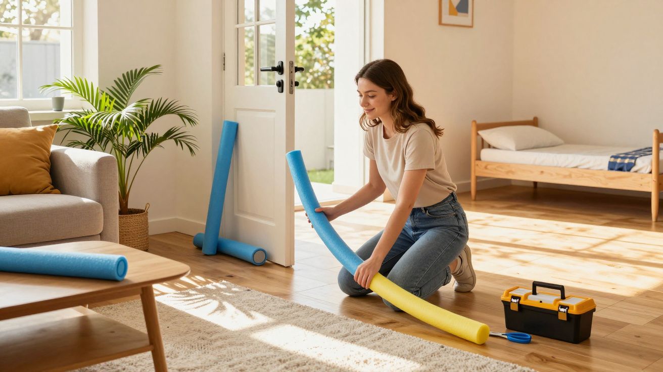 Mulher sentada no chão montando brinquedo com espuma em sala iluminada, com caixa de ferramentas ao lado.