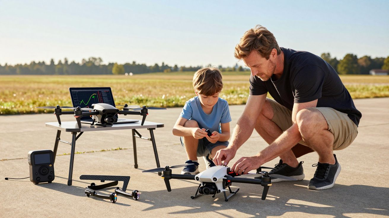 Homem e criança preparando drones para voo em área aberta durante o dia.