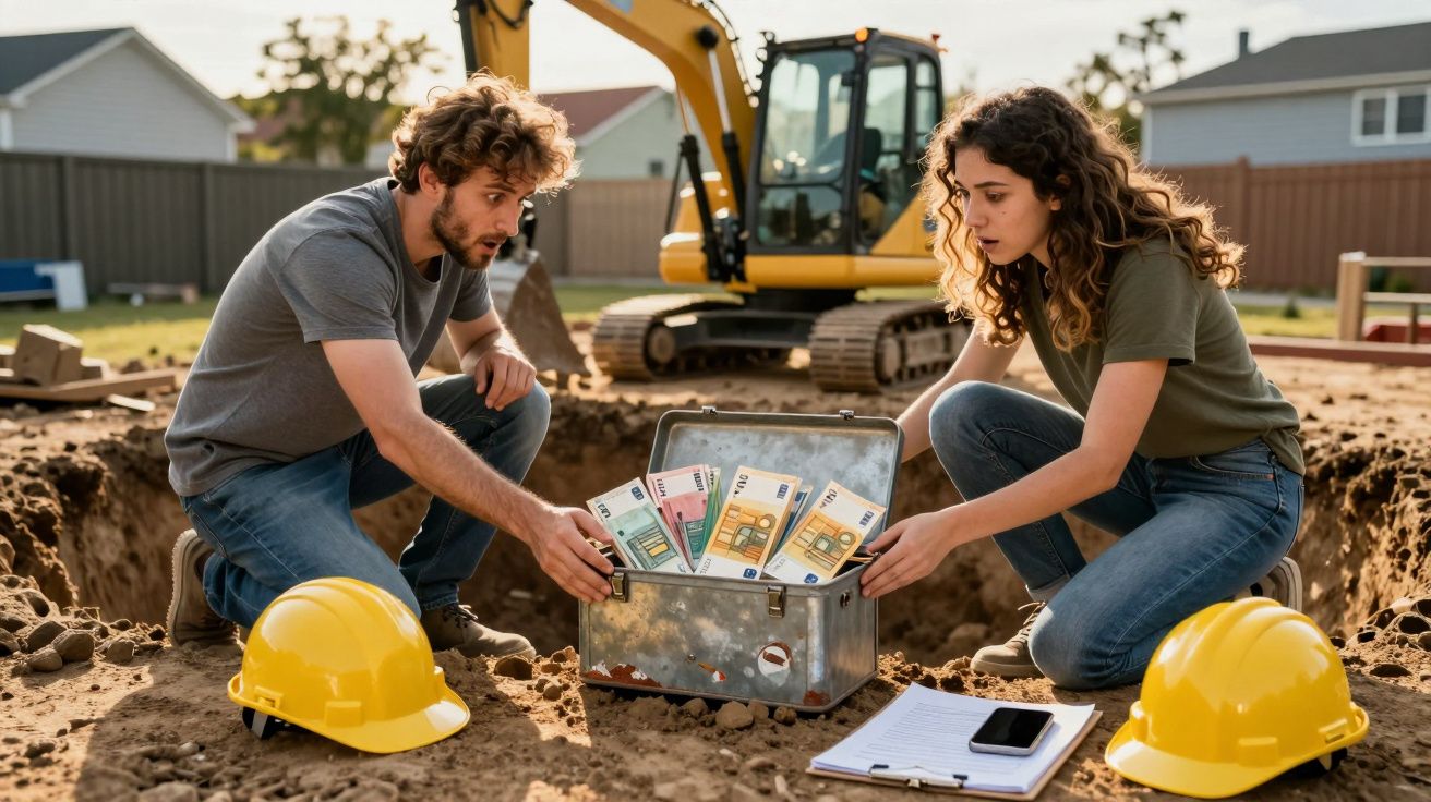 Casal em construção abre baú com dinheiro em terreno aberto com escavadeira ao fundo.