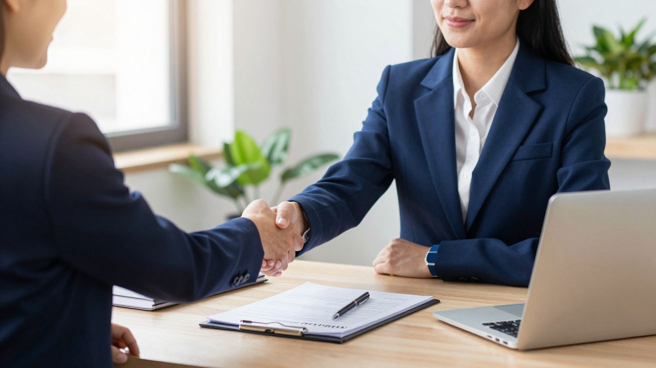 Duas pessoas de negócios apertando as mãos em uma mesa com laptop e documentos.