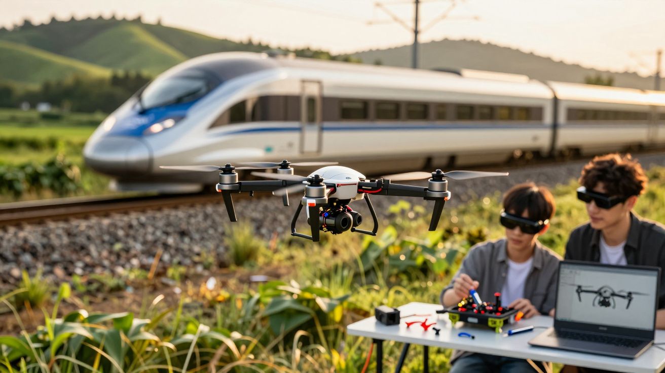 Drone voando próximo a trilhos de trem com trem em alta velocidade e duas pessoas com óculos de realidade virtual.