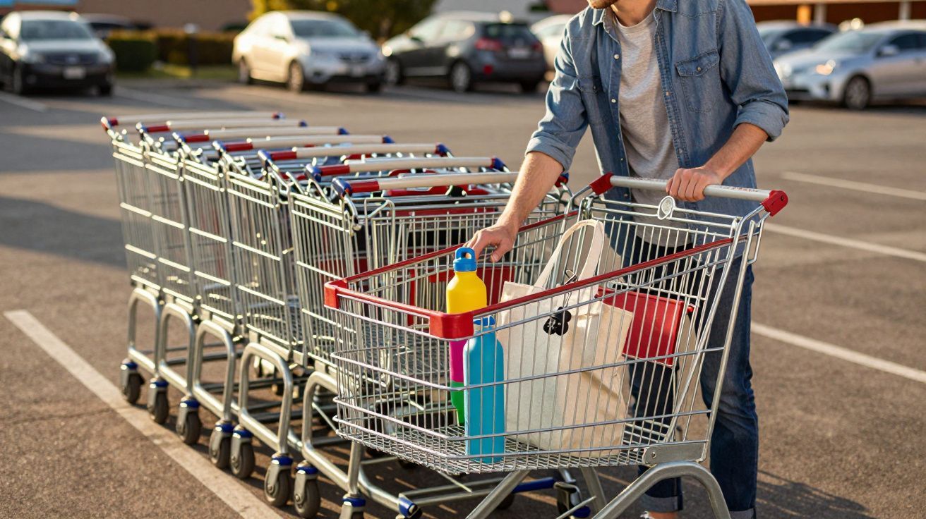 Carrinho de compras com bolsa branca e garrafas coloridas em estacionamento de supermercado.