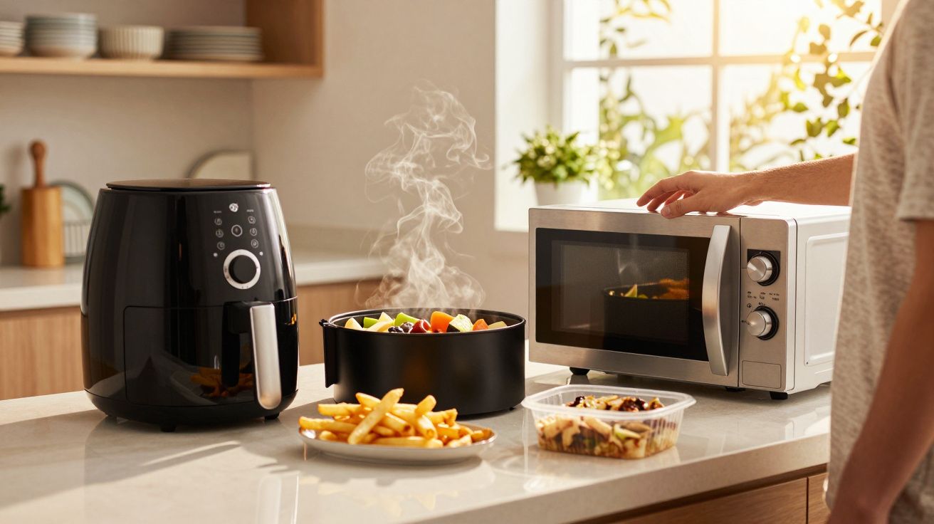 Pessoa utilizando micro-ondas ao lado de air fryer, recipiente com legumes e prato com batatas fritas na bancada.