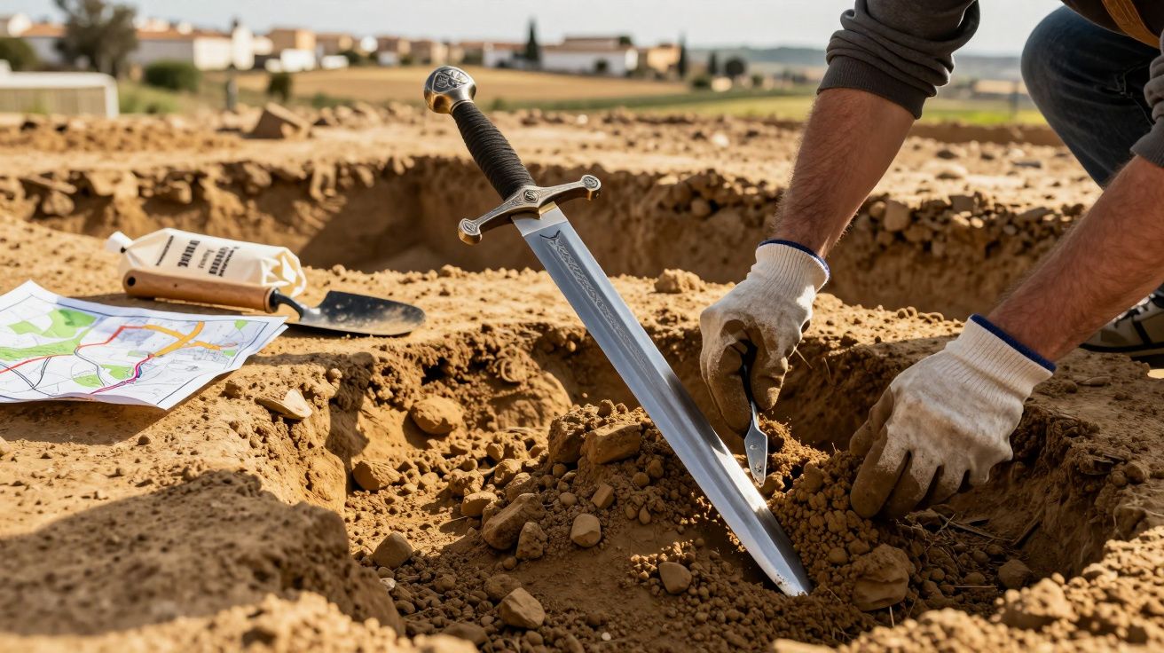 Pessoa escava solo ao redor de uma espada antiga parcialmente enterrada em terreno aberto.