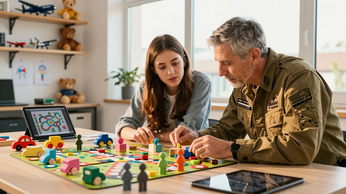 Homem e mulher jogam jogo de tabuleiro colorido em mesa com tablet e brinquedos ao fundo.