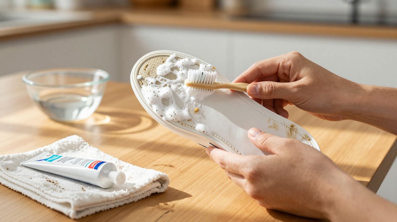 Pessoa limpando solado de tênis branco com escova e pasta de dente sobre mesa de madeira.