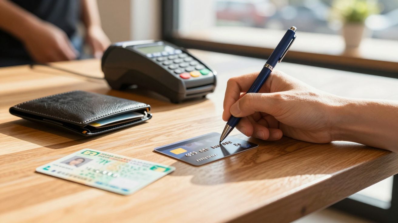 Pessoa escrevendo com caneta em cartão de crédito sobre mesa com carteira, identidade e máquina de cartão.