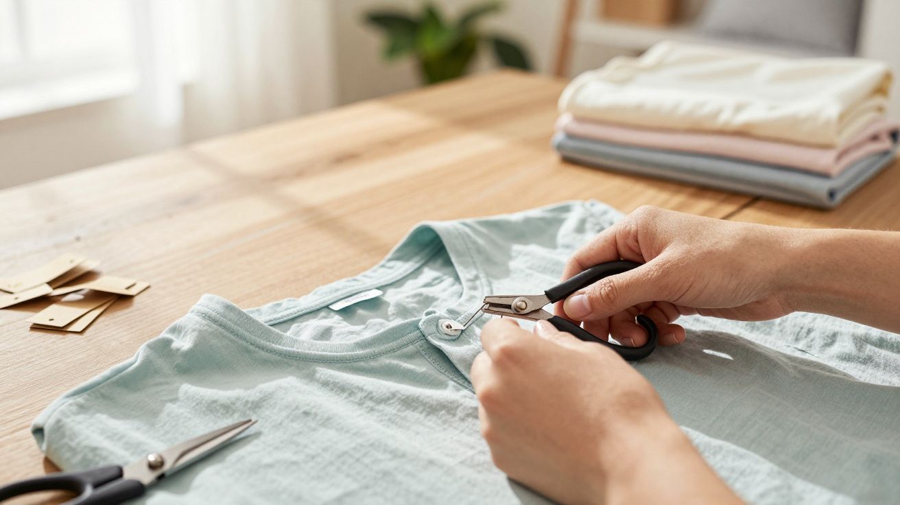 Pessoa usando alicates para fixar botão em camisa azul clara sobre mesa de madeira com roupas ao fundo.