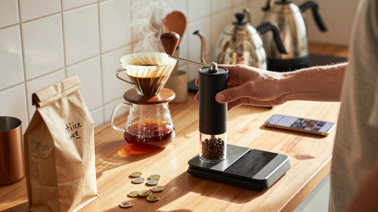 Mão moendo grãos de café em moedor manual sobre bancada com café coado e celular ao fundo.