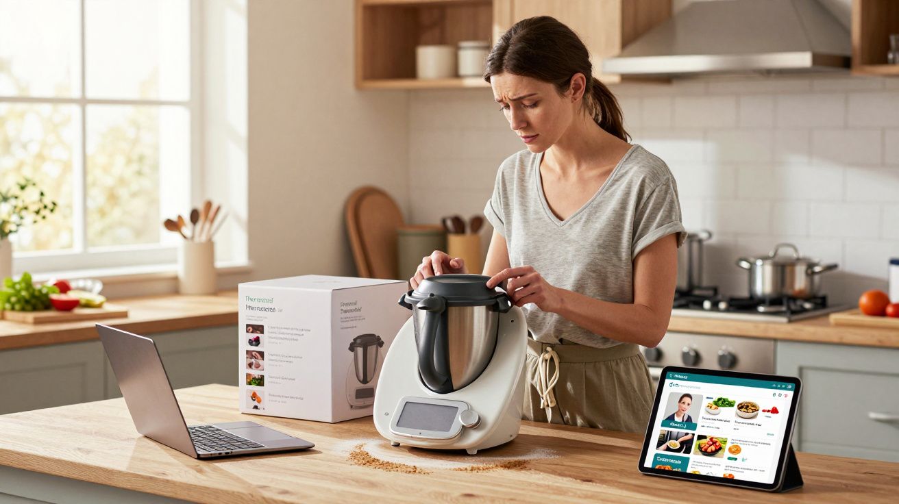 Mulher na cozinha manuseando um processador de alimentos com receitas na tela de tablet e notebook.